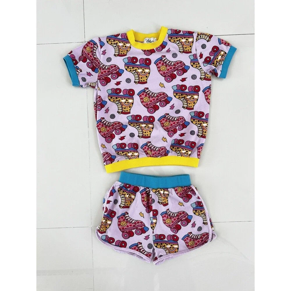 Lola + The Boys Roller Skate Print 2-Piece Tee Short Set Summer Cotton Outfit 8